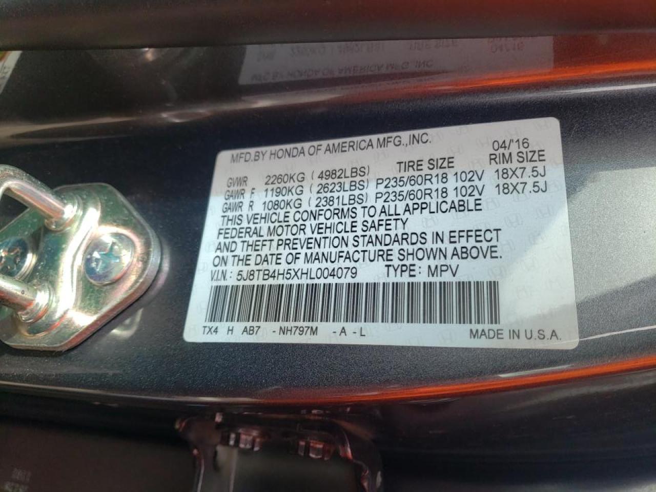Photo 10 from auction – 2017 ACURA RDX TECHNO with VIN 5J8TB4H5XHL004079