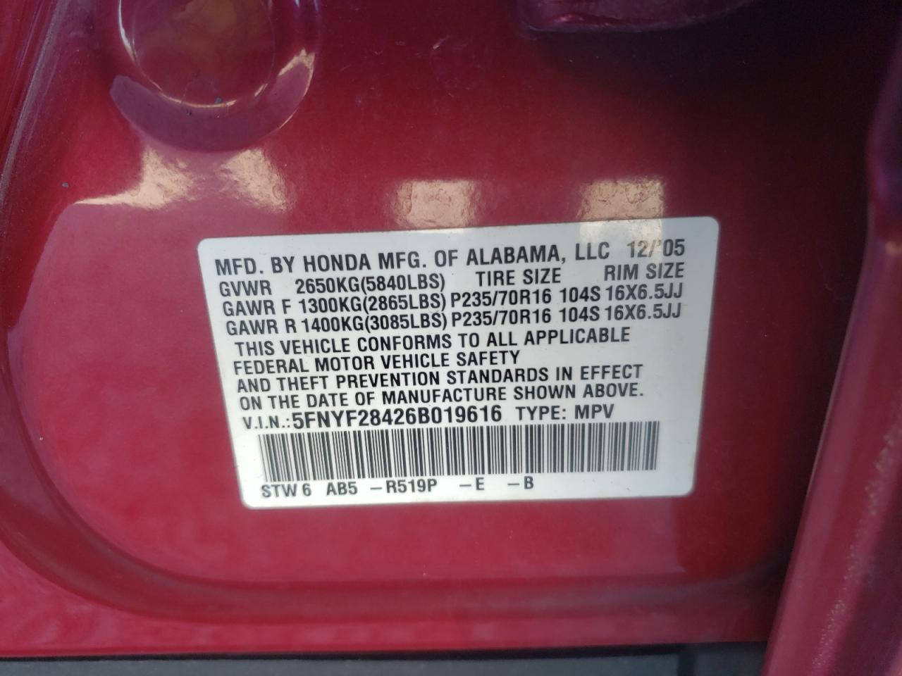 Zdjęcie 10 z aukcji – 2006 HONDA PILOT EX z VIN 5FNYF28426B019616