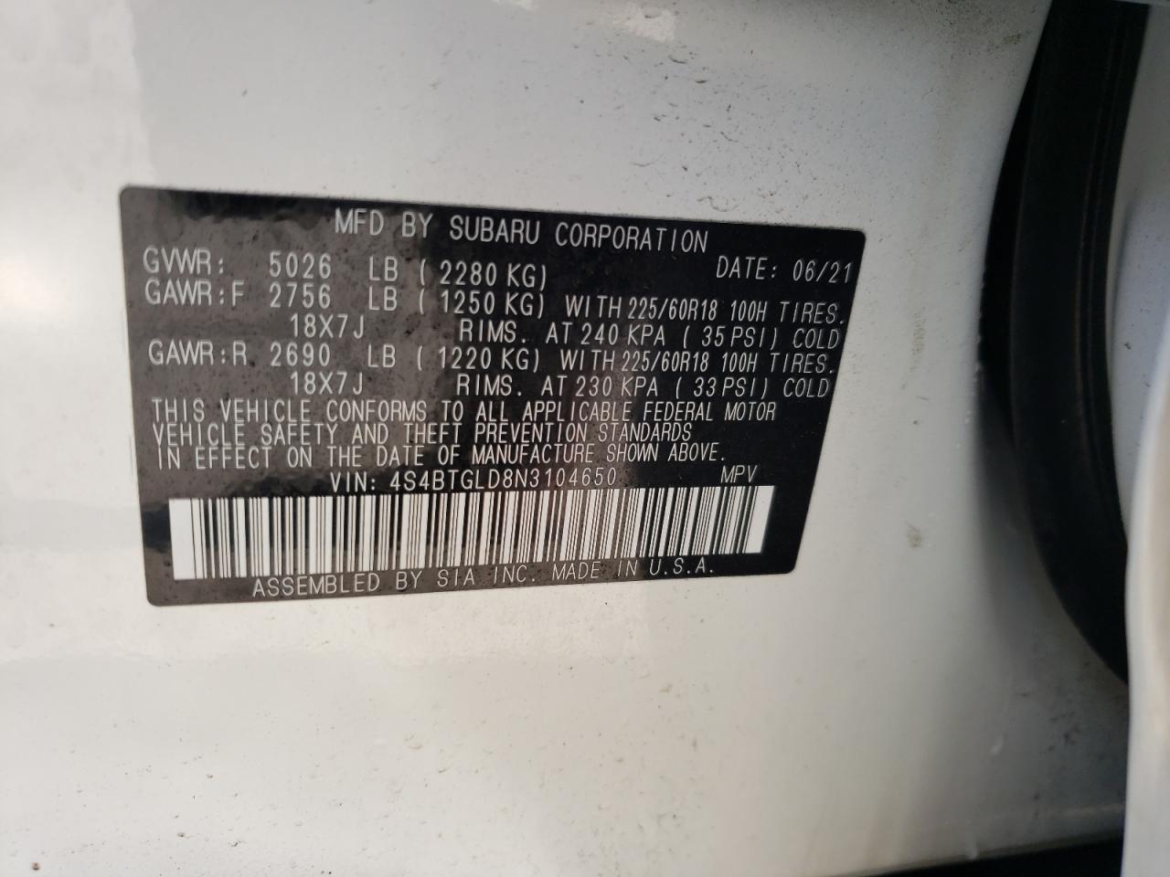 Photo 10 from auction – 2022 SUBARU OUTBACK ON with VIN 4S4BTGLD8N3104650