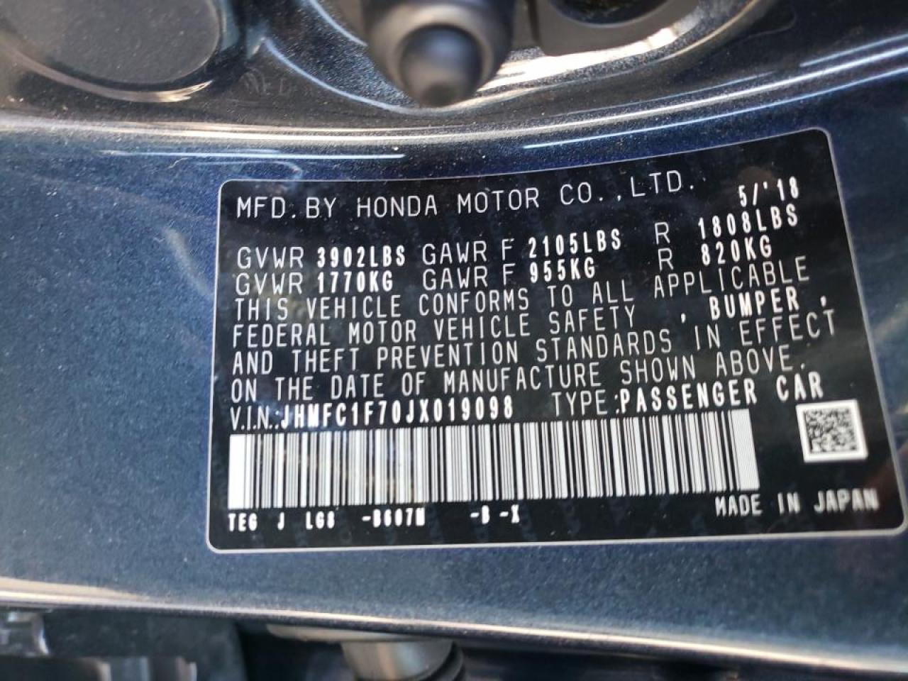 Photo 10 from auction – 2018 HONDA CIVIC EXL with VIN JHMFC1F70JX019098