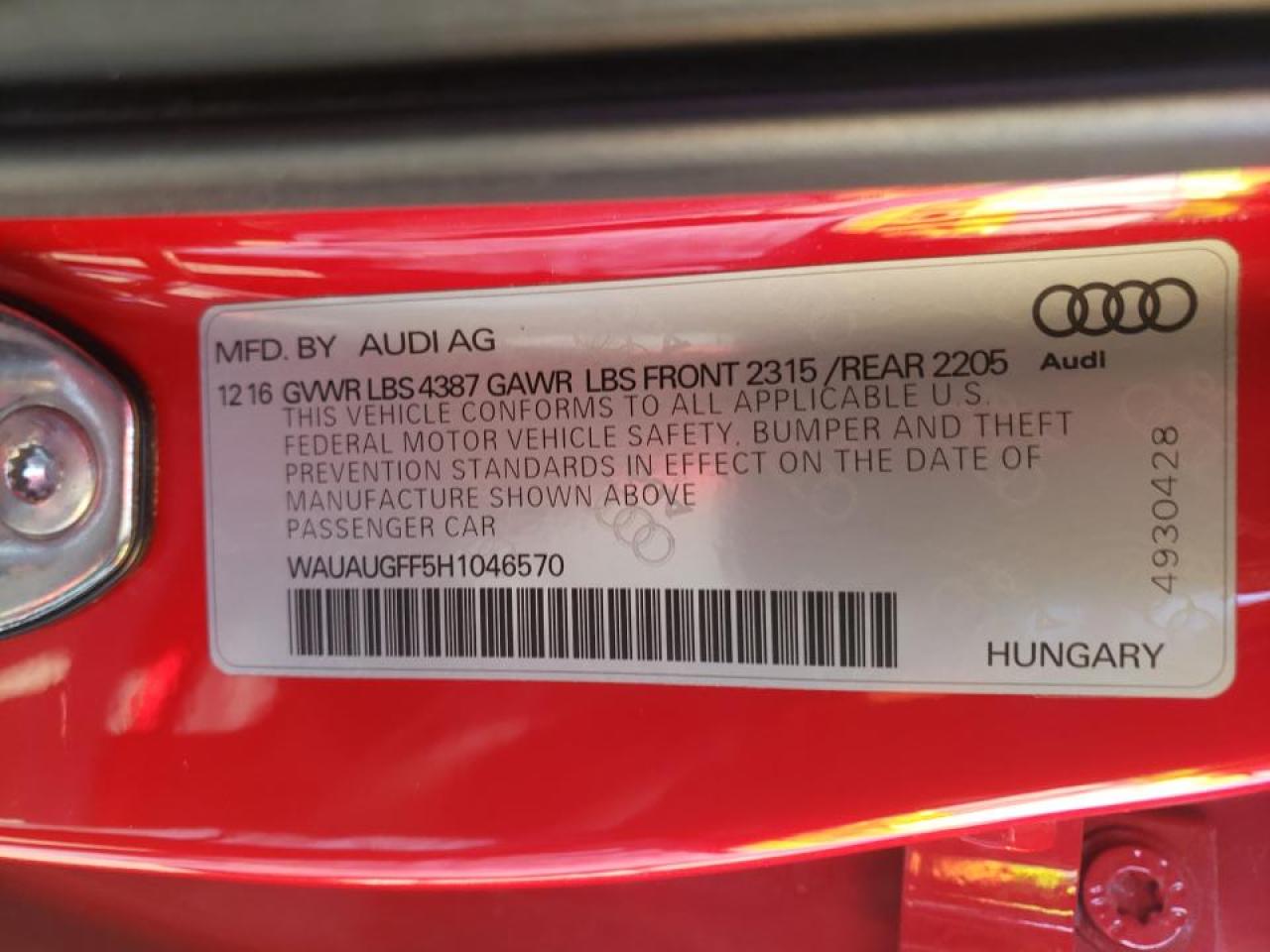 Photo 10 from auction – 2017 AUDI A3 PREMIUM with VIN WAUAUGFF5H1046570