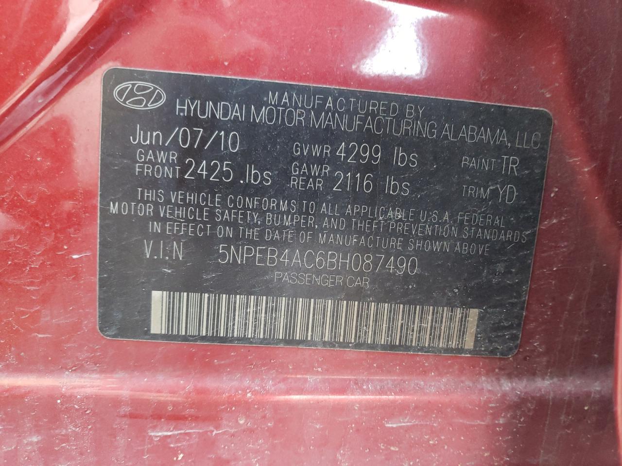 Photo 10 from auction – 2011 HYUNDAI SONATA GLS with VIN 5NPEB4AC6BH087490