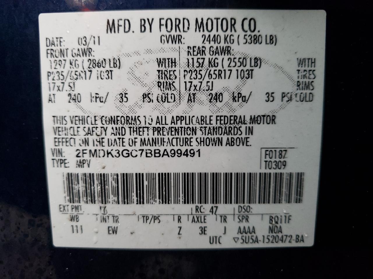 Photo 10 from auction – 2011 FORD EDGE SE with VIN 2FMDK3GC7BBA99491