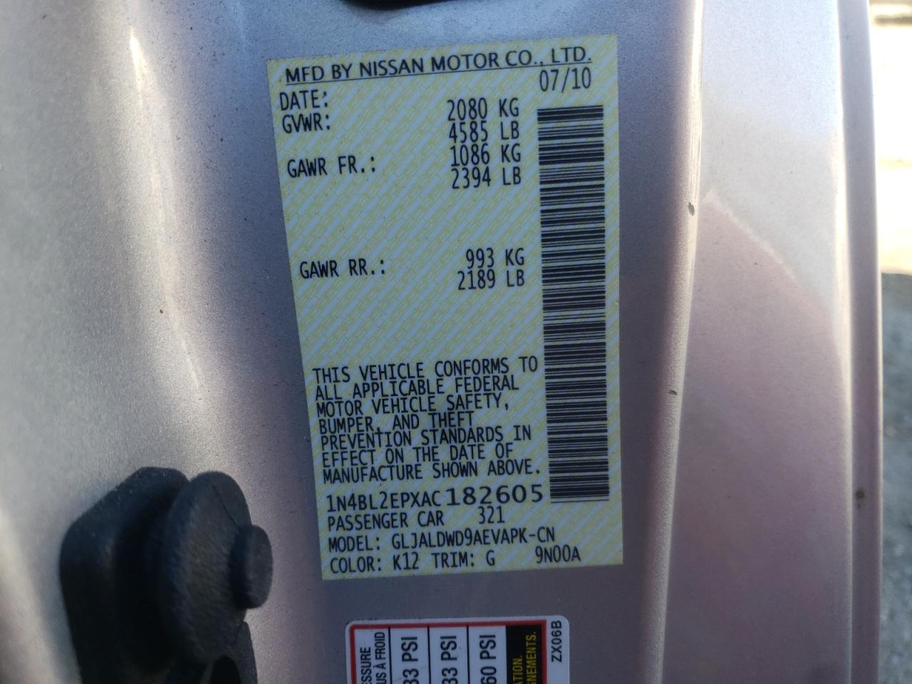 Photo 10 from auction – 2010 NISSAN ALTIMA SR with VIN 1N4BL2EPXAC182605