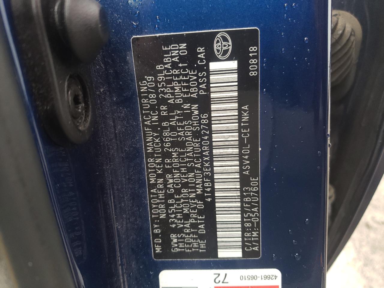 Photo 10 from auction – 2010 TOYOTA CAMRY BASE with VIN 4T4BF3EKXAR042786