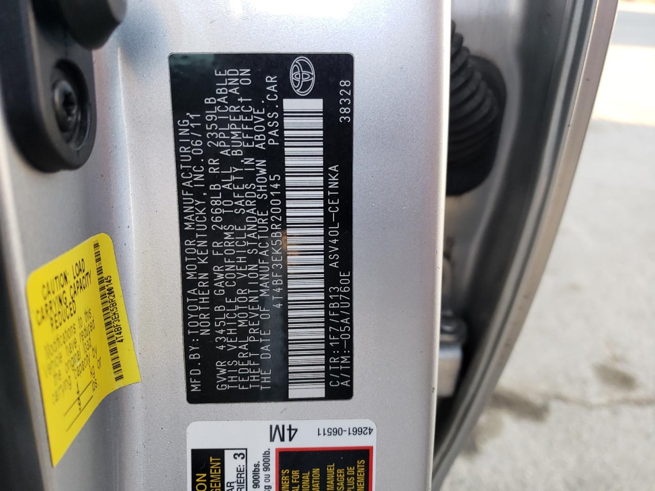 Photo 10 from auction – 2011 TOYOTA CAMRY BASE with VIN 4T4BF3EK5BR200145