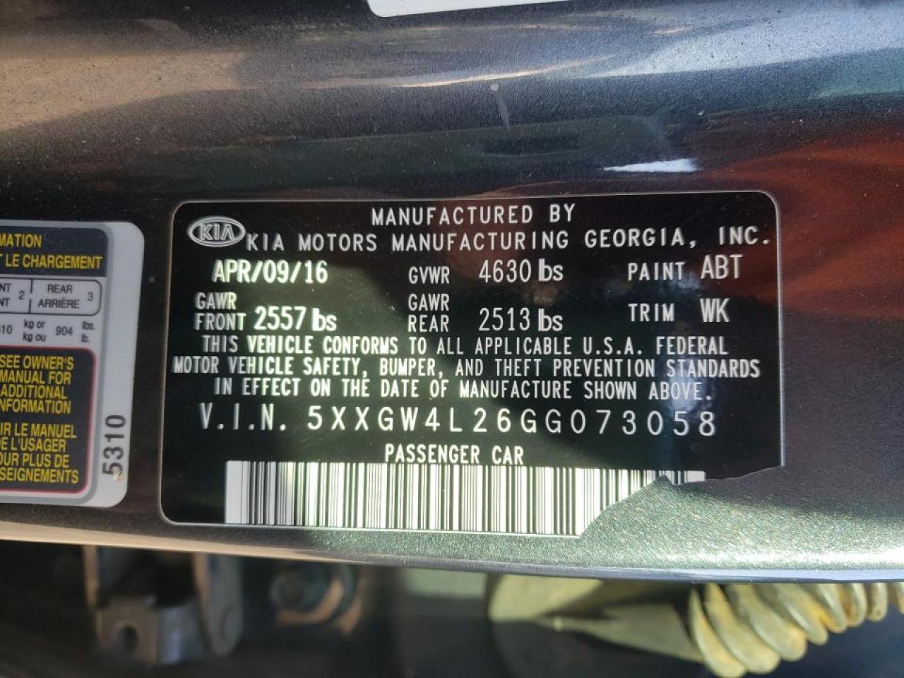 Photo 10 from auction – 2016 KIA OPTIMA SX with VIN 5XXGW4L26GG073058