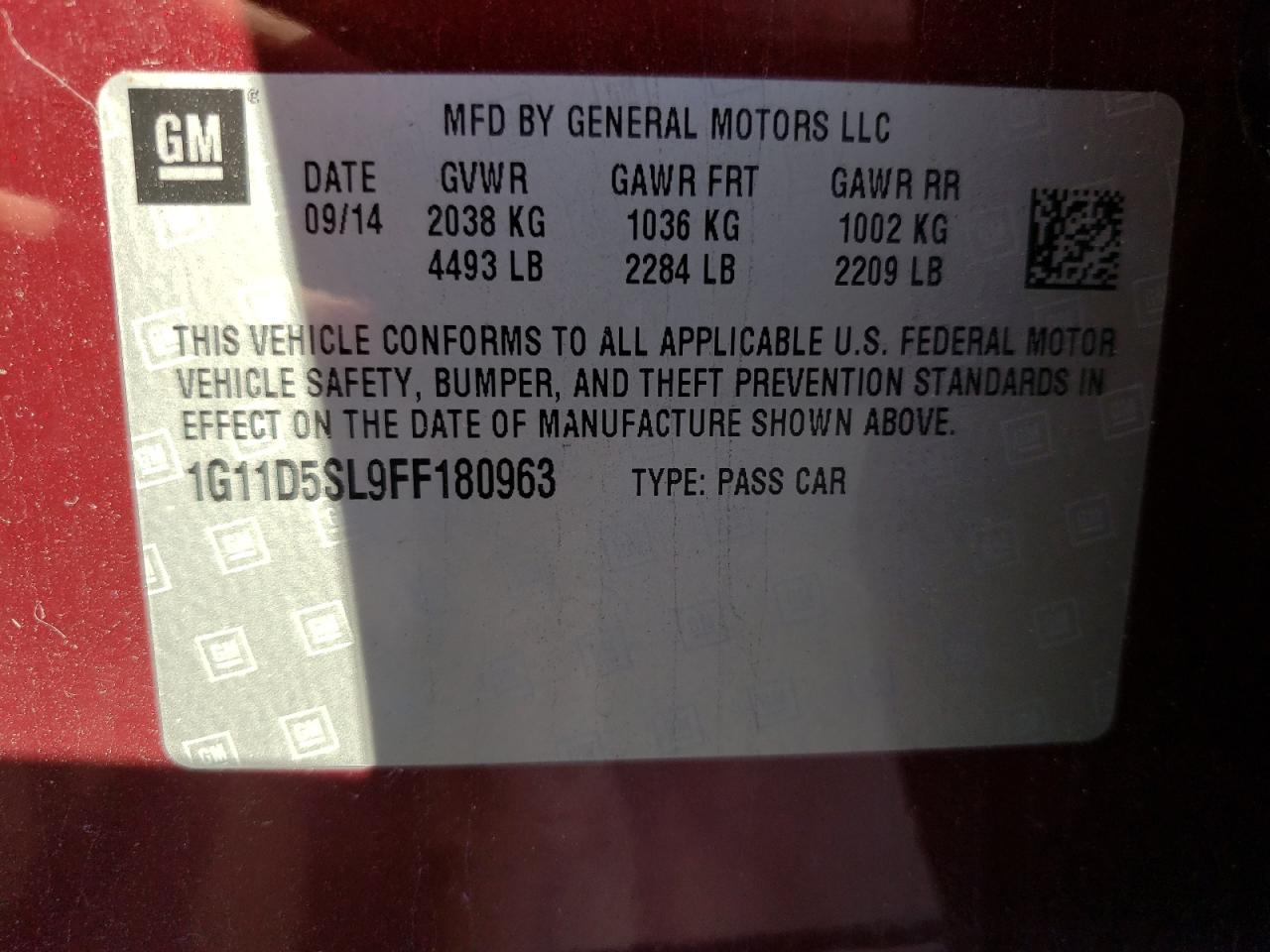 Photo 10 from auction – 2015 CHEVROLET MALIBU 2LT with VIN 1G11D5SL9FF180963