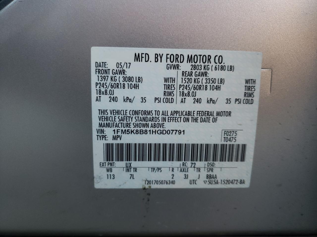 Photo 10 from auction – 2017 FORD EXPLORER with VIN 1FM5K8B81HGD07791