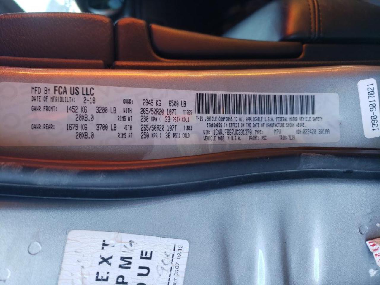 Photo 10 from auction – 2018 JEEP GRAND CHER with VIN 1C4RJFBG7JC331370