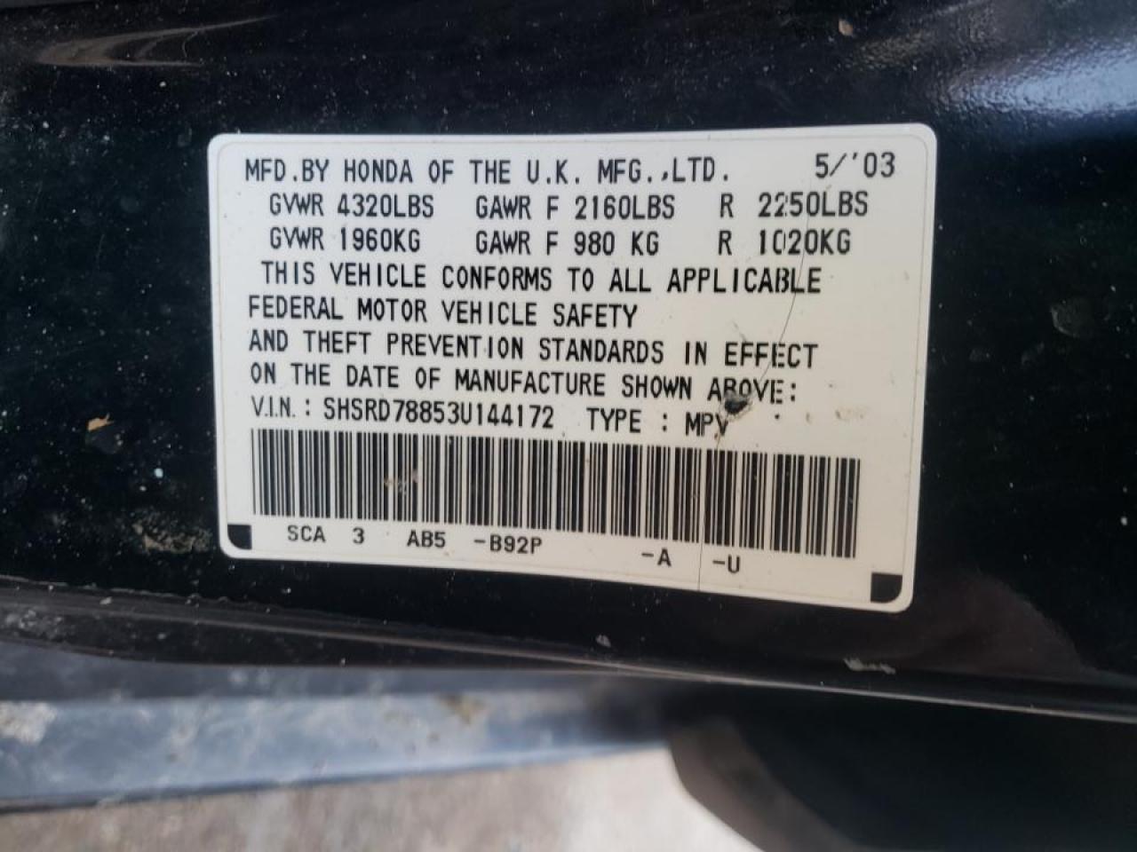 Photo 10 from auction – 2003 HONDA CR-V EX with VIN SHSRD78853U144172
