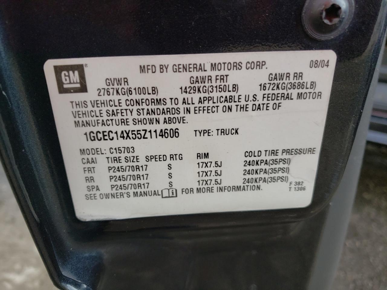 Photo 10 from auction – 2005 CHEVROLET SILVERADO with VIN 1GCEC14X55Z114606