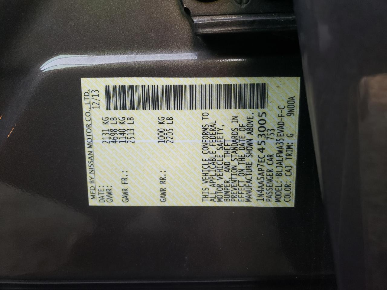Photo 10 from auction – 2014 NISSAN MAXIMA S with VIN 1N4AA5AP7EC453005