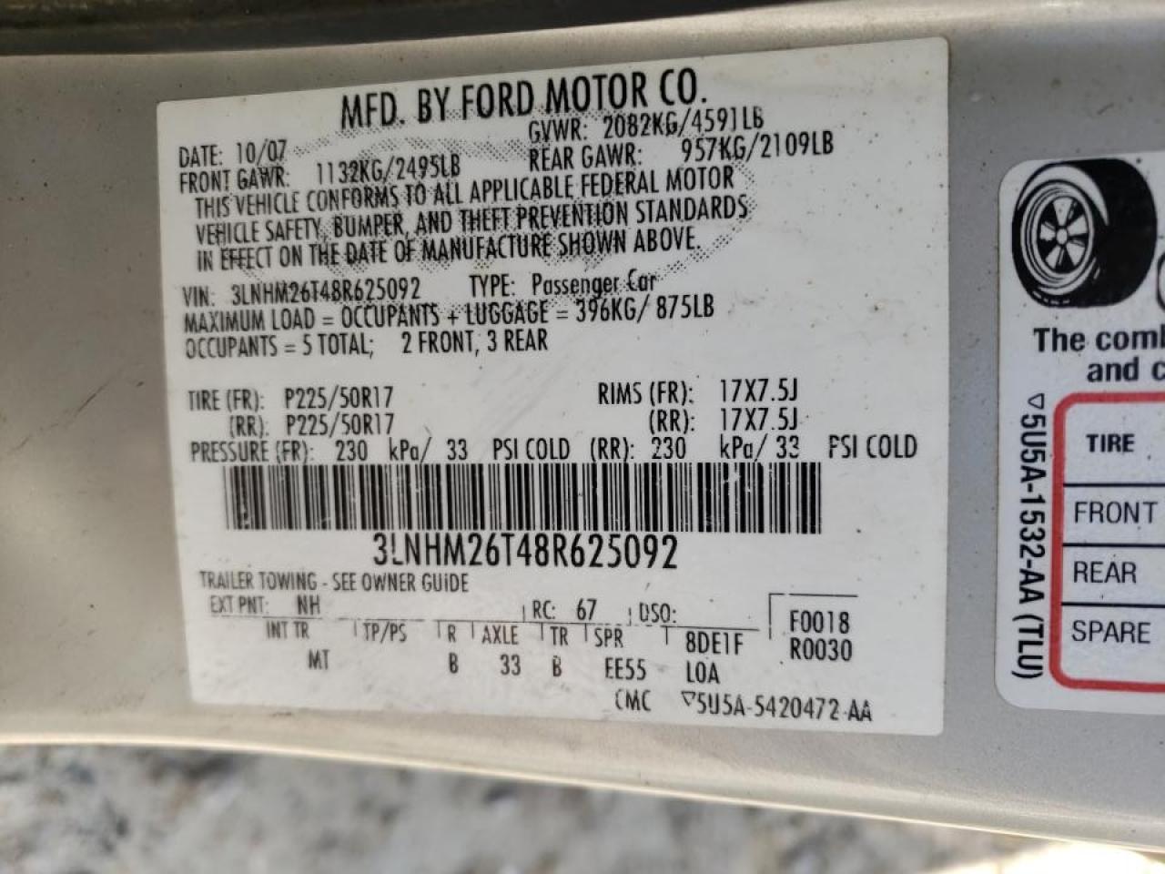 Photo 10 from auction – 2008 LINCOLN MKZ with VIN 3LNHM26T48R625092