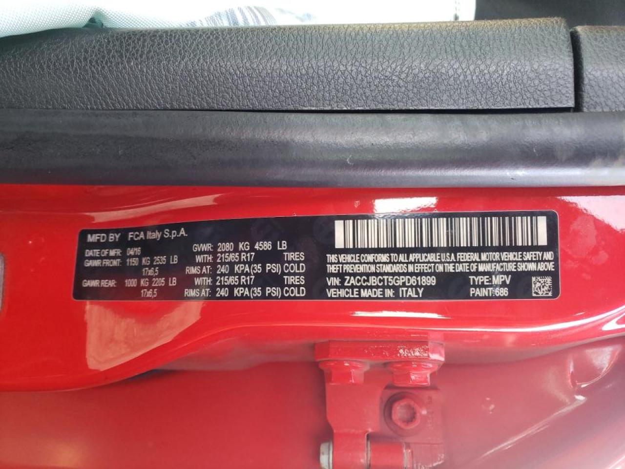 Photo 10 from auction – 2016 JEEP RENEGADE T with VIN ZACCJBCT5GPD61899