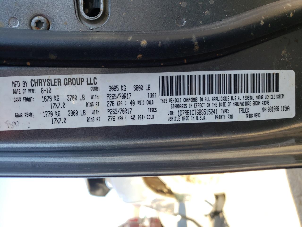 Photo 10 from auction – 2011 DODGE RAM 1500 with VIN 1D7RB1CT6BS515241