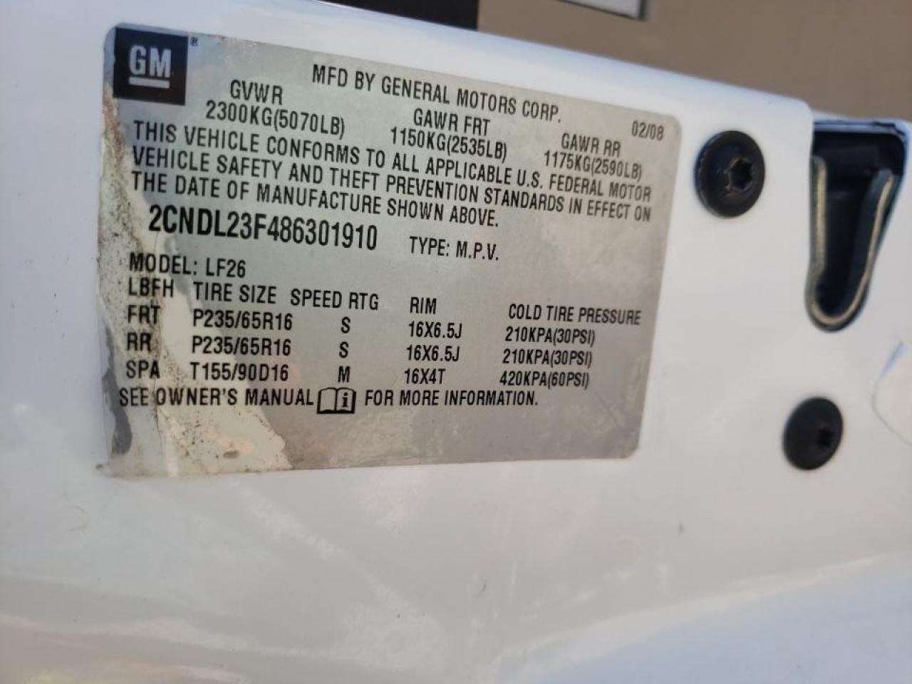 Photo 10 from auction – 2008 CHEVROLET EQUINOX LS with VIN 2CNDL23F486301910