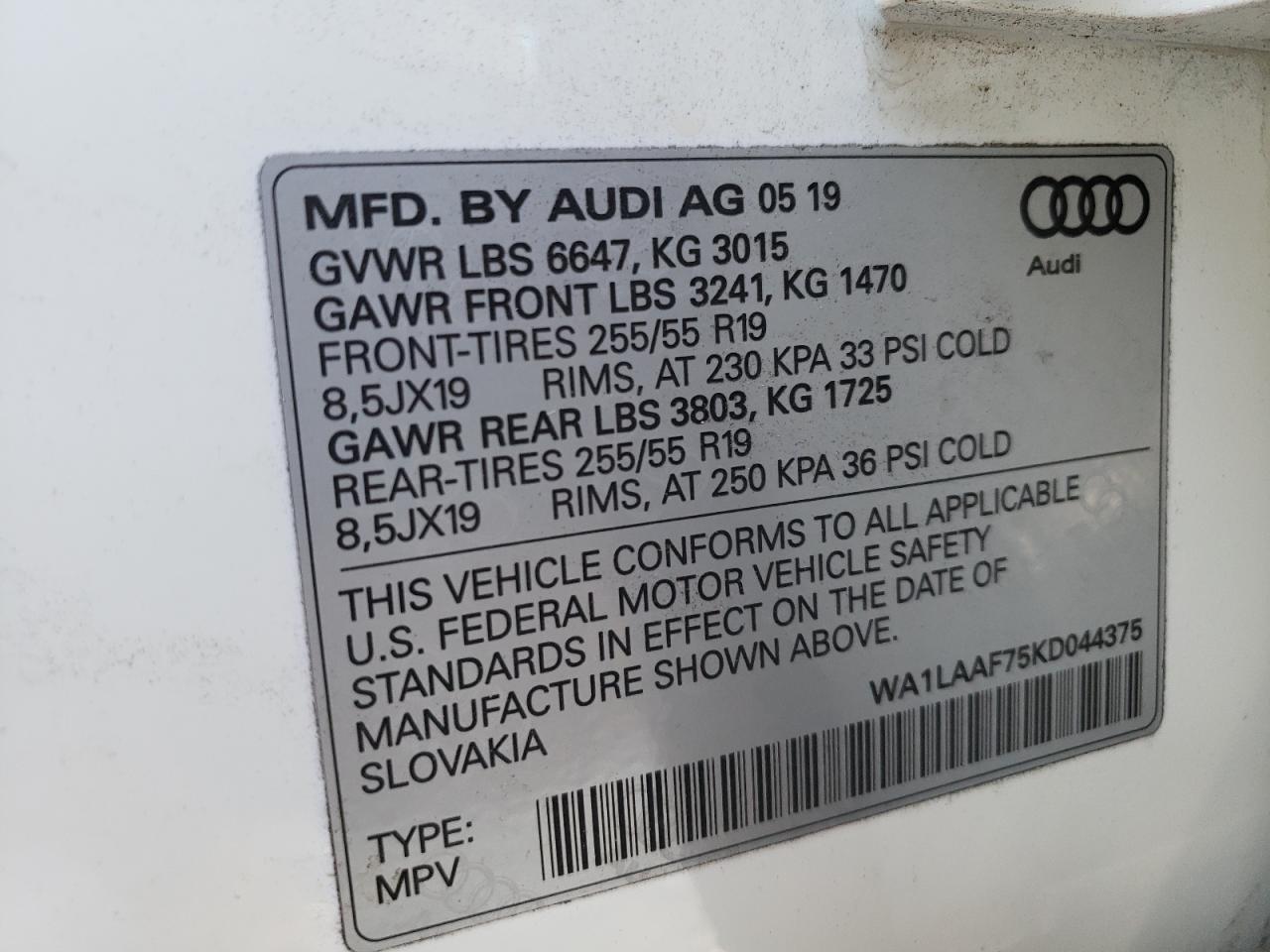 Photo 10 from auction – 2019 AUDI Q7 PREMIUM with VIN WA1LAAF75KD044375