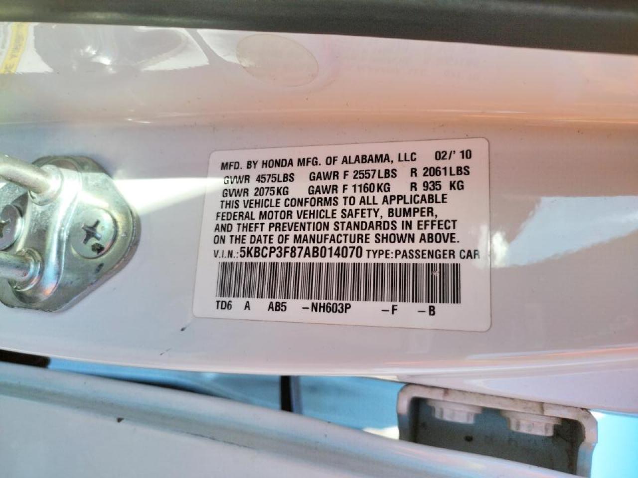 Photo 10 from auction – 2010 HONDA ACCORD EXL with VIN 5KBCP3F87AB014070