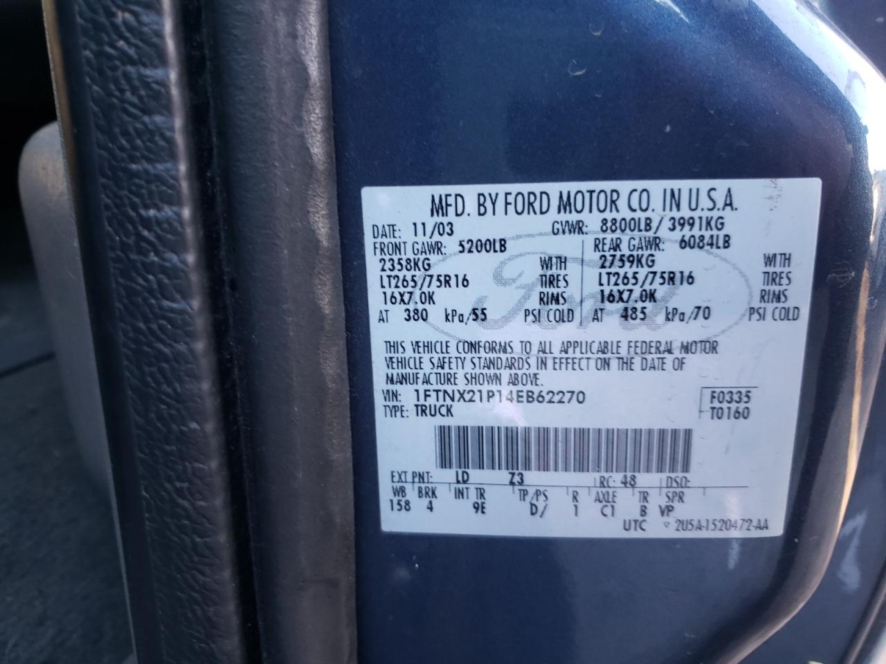Photo 10 from auction – 2004 FORD F250 SUPER with VIN 1FTNX21P14EB62270