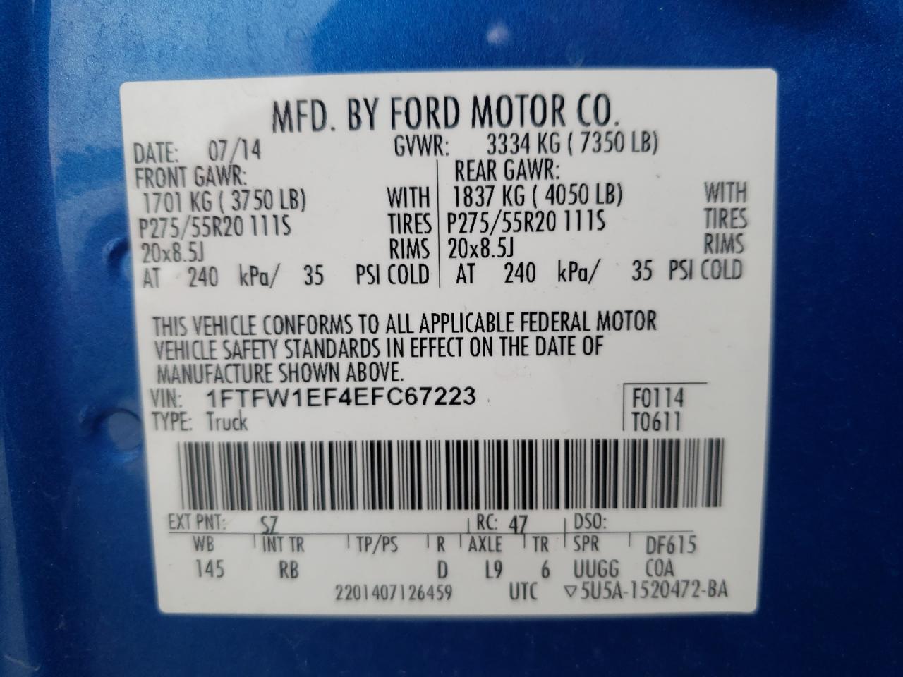 Photo 10 from auction – 2014 FORD F150 SUPER with VIN 1FTFW1EF4EFC67223