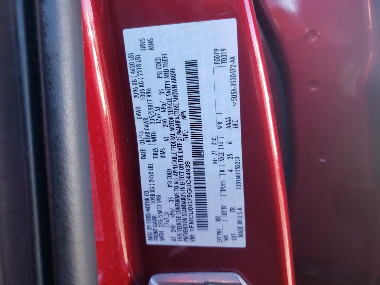 Photo 10 from auction – 2016 FORD ESCAPE SE with VIN 1FMCU0G75GUC44939