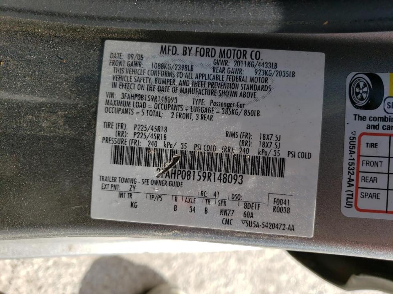 Photo 10 from auction – 2009 FORD FUSION SEL with VIN 3FAHP08159R148093
