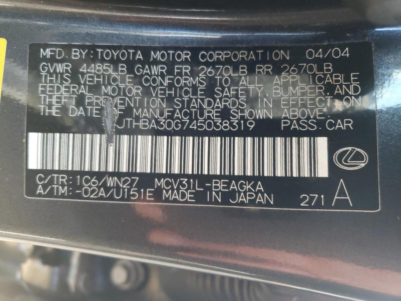 Photo 10 from auction – 2004 LEXUS ES 330 with VIN JTHBA30G745038319