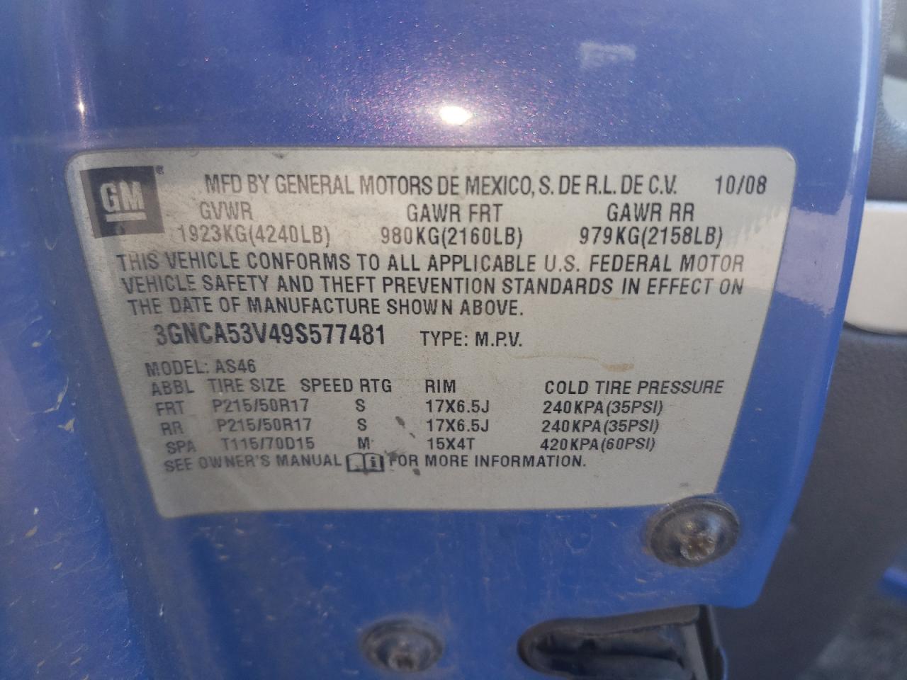 Zdjęcie 10 z aukcji – 2009 CHEVROLET HHR LT z VIN 3GNCA53V49S577481