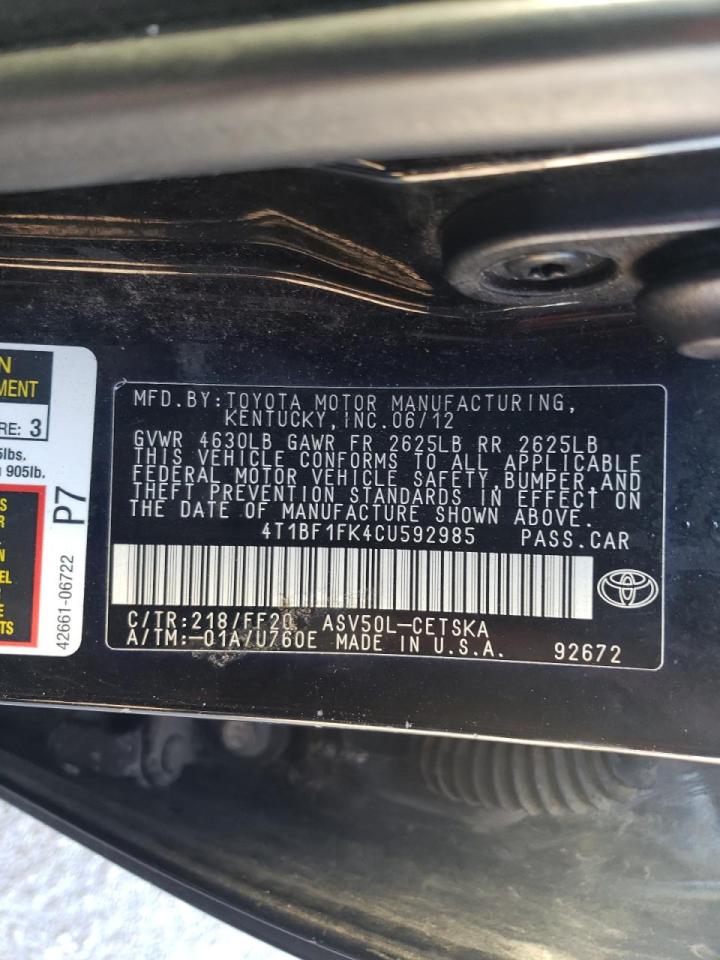 Photo 10 from auction – 2012 TOYOTA CAMRY BASE with VIN 4T1BF1FK4CU592985