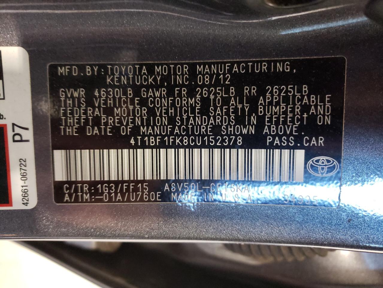 Photo 10 from auction – 2012 TOYOTA CAMRY BASE with VIN 4T1BF1FK8CU152378