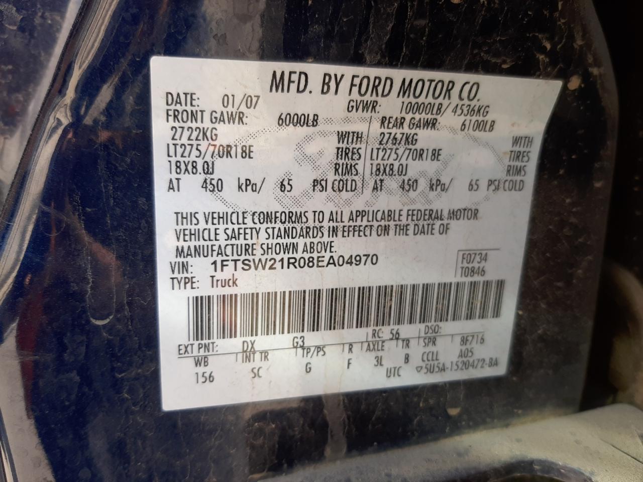 Photo 10 from auction – 2008 FORD F-250 with VIN 1FTSW21R08EA04970