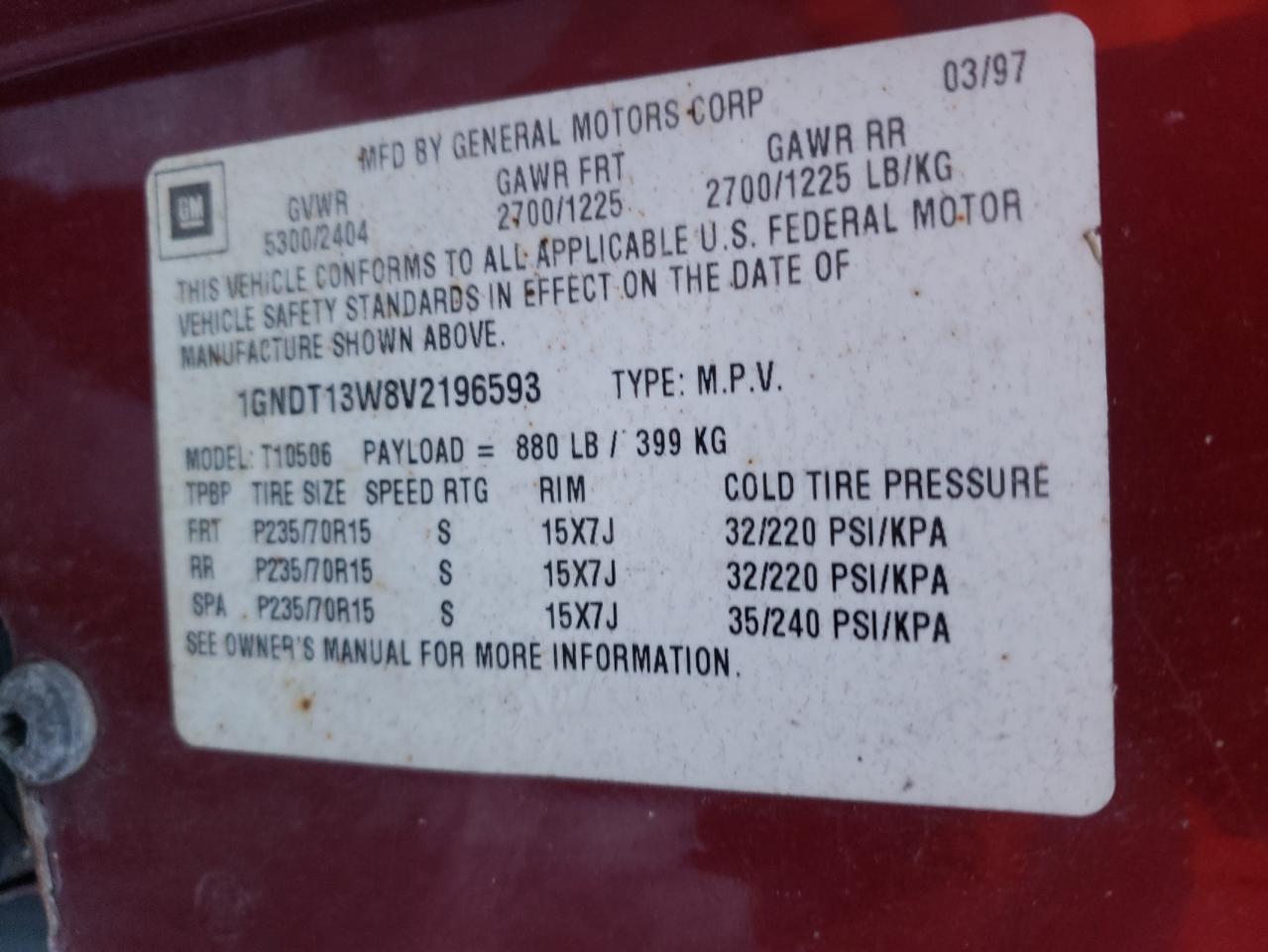 Photo 10 from auction – 1997 CHEVROLET BLAZER with VIN 1GNDT13W8V2196593