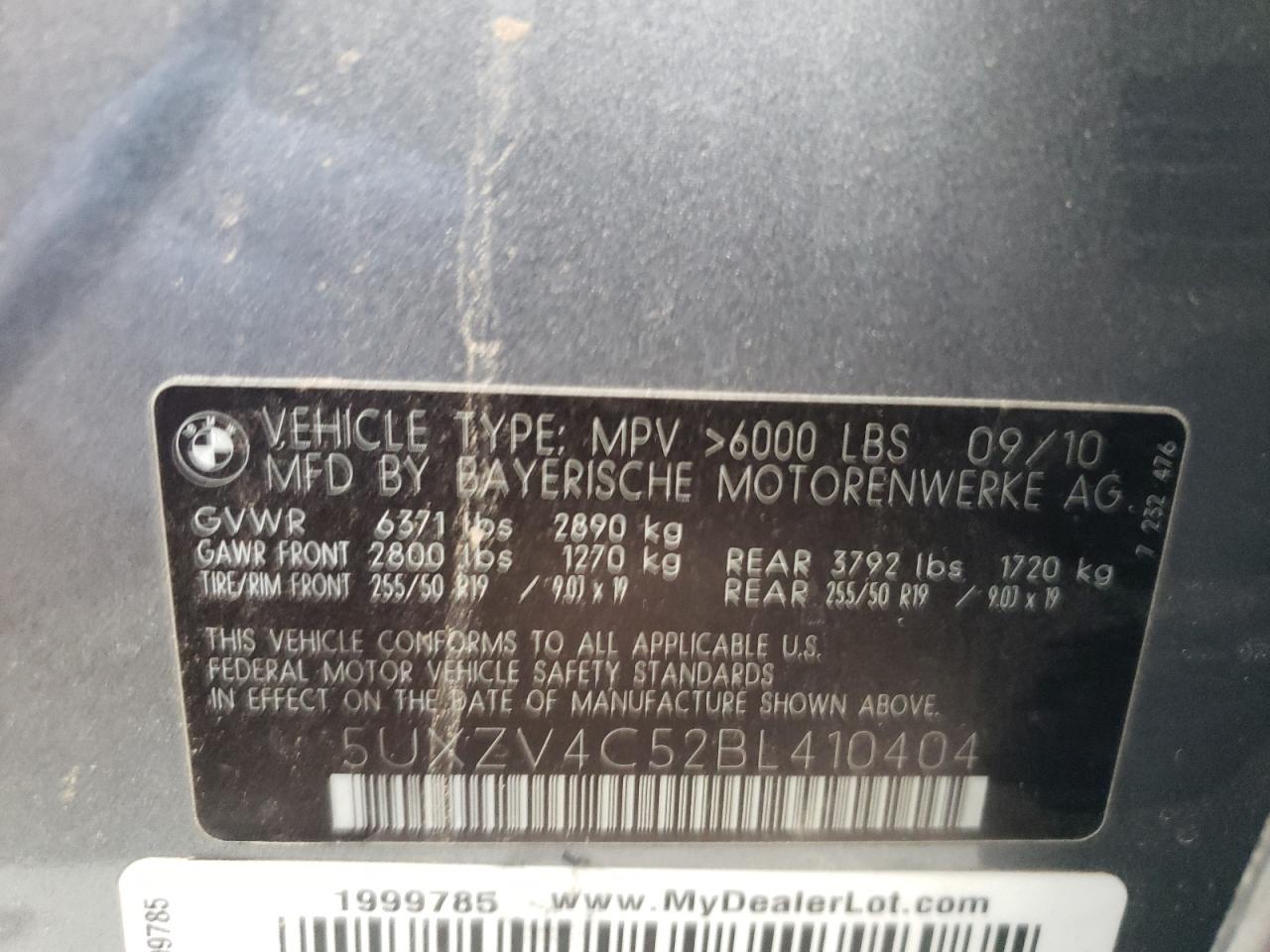 Photo 10 from auction – 2011 BMW X5 XDRIVE3 with VIN 5UXZV4C52BL410404