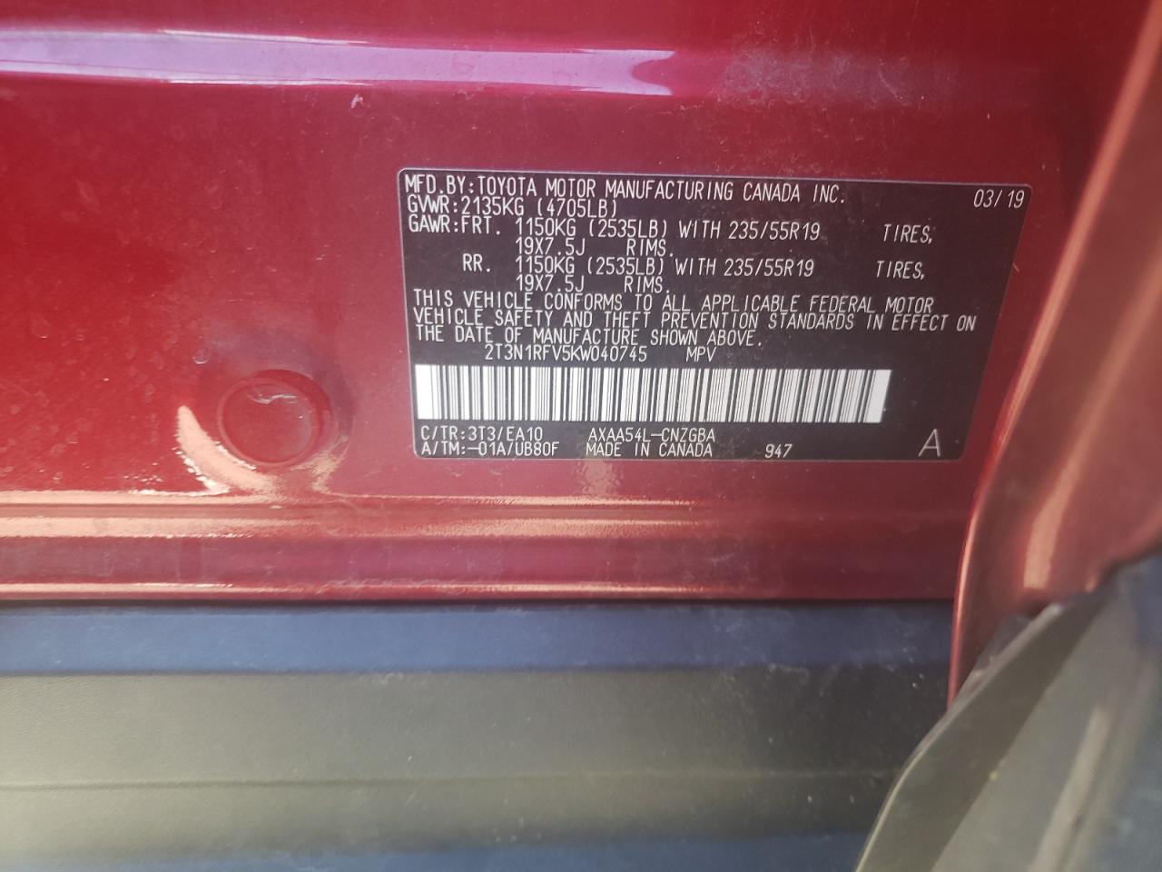 Photo 10 from auction – 2019 TOYOTA RAV4 LIMIT with VIN 2T3N1RFV5KW040745