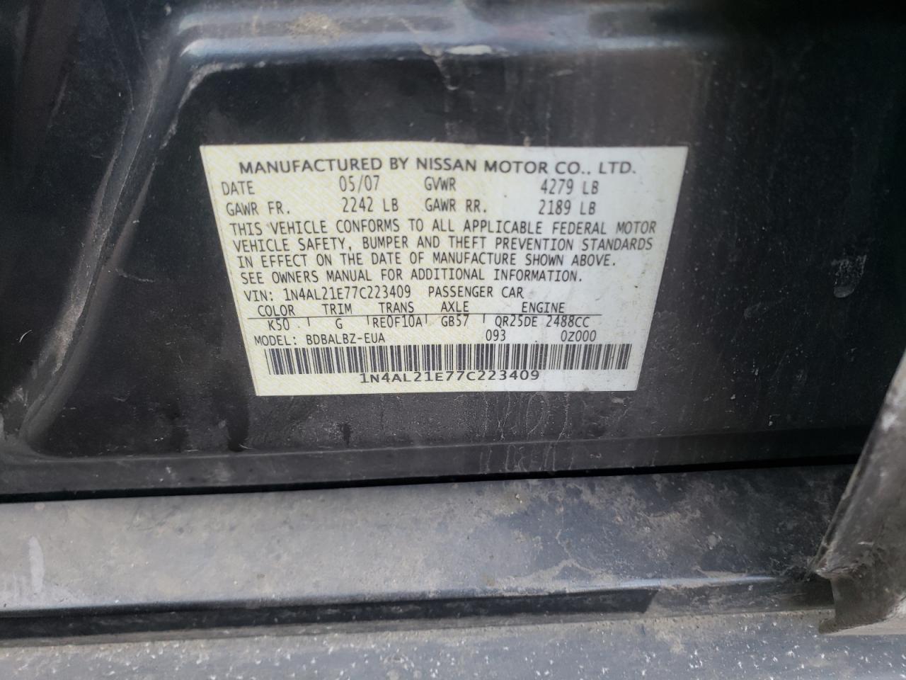 Photo 10 from auction – 2007 NISSAN ALTIMA 2.5 with VIN 1N4AL21E77C223409