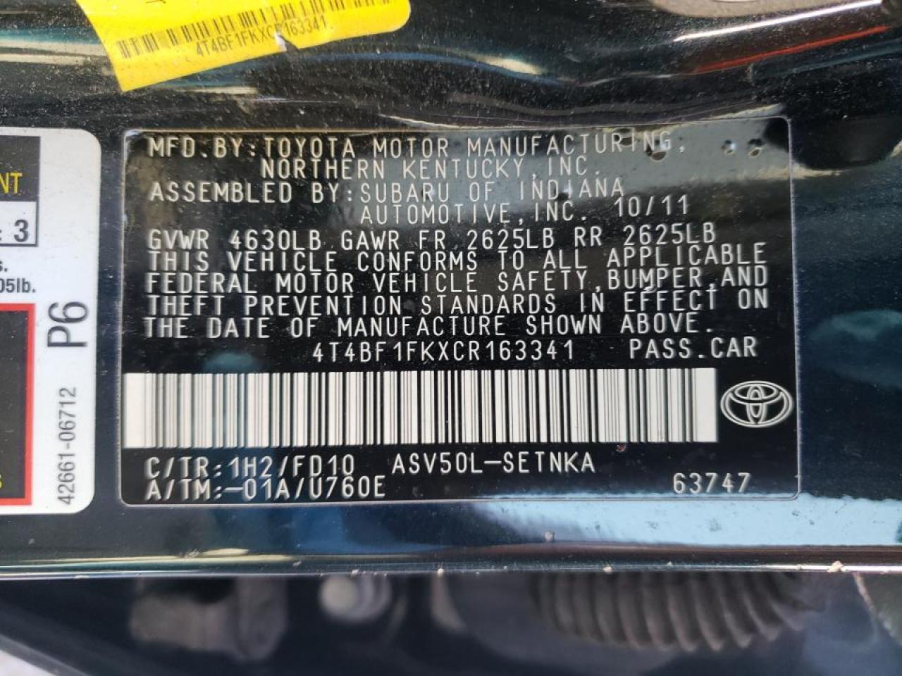 Photo 10 from auction – 2012 TOYOTA CAMRY BASE with VIN 4T4BF1FKXCR163341
