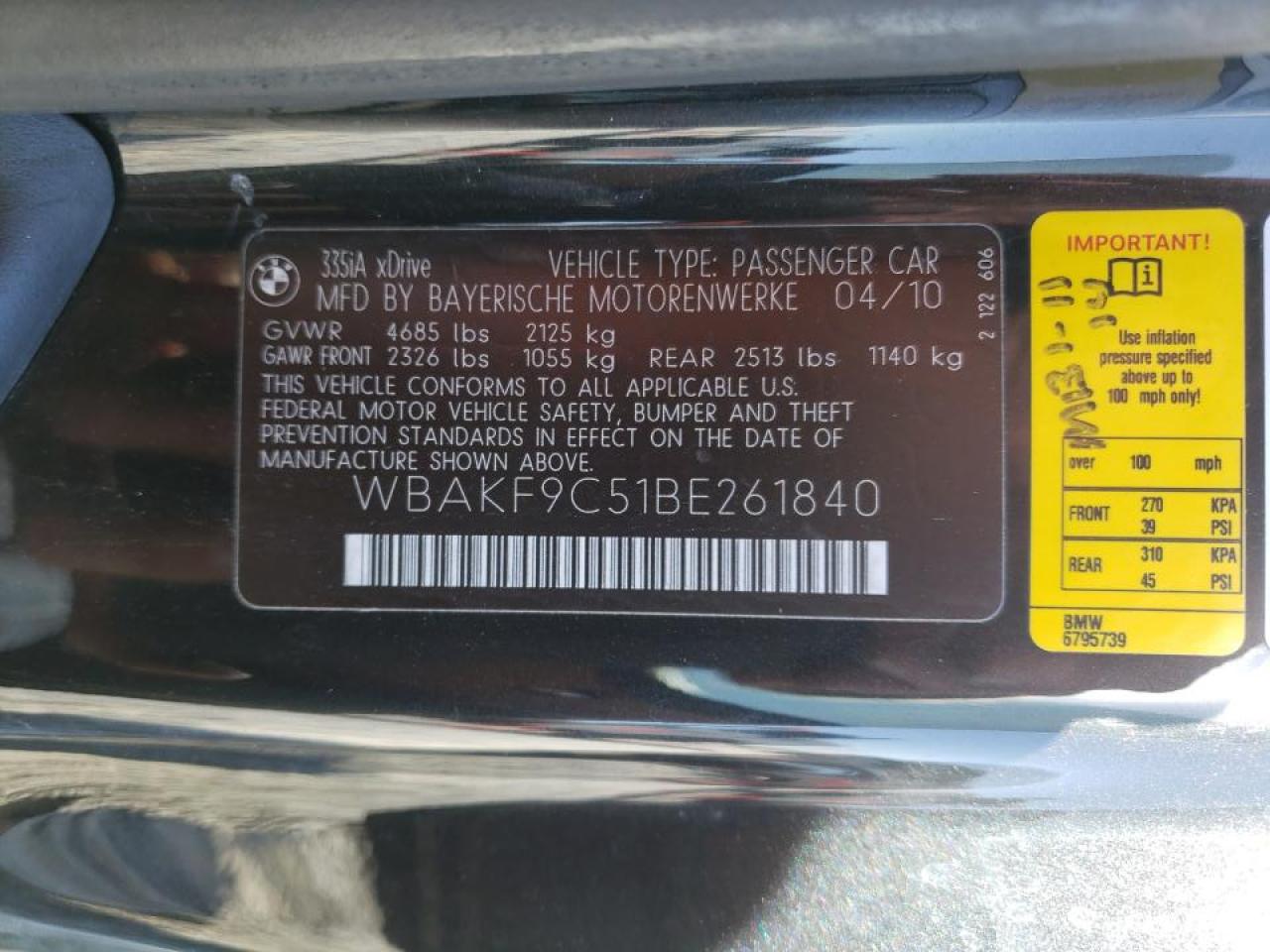 Photo 10 from auction – 2011 BMW 335 XI with VIN WBAKF9C51BE261840