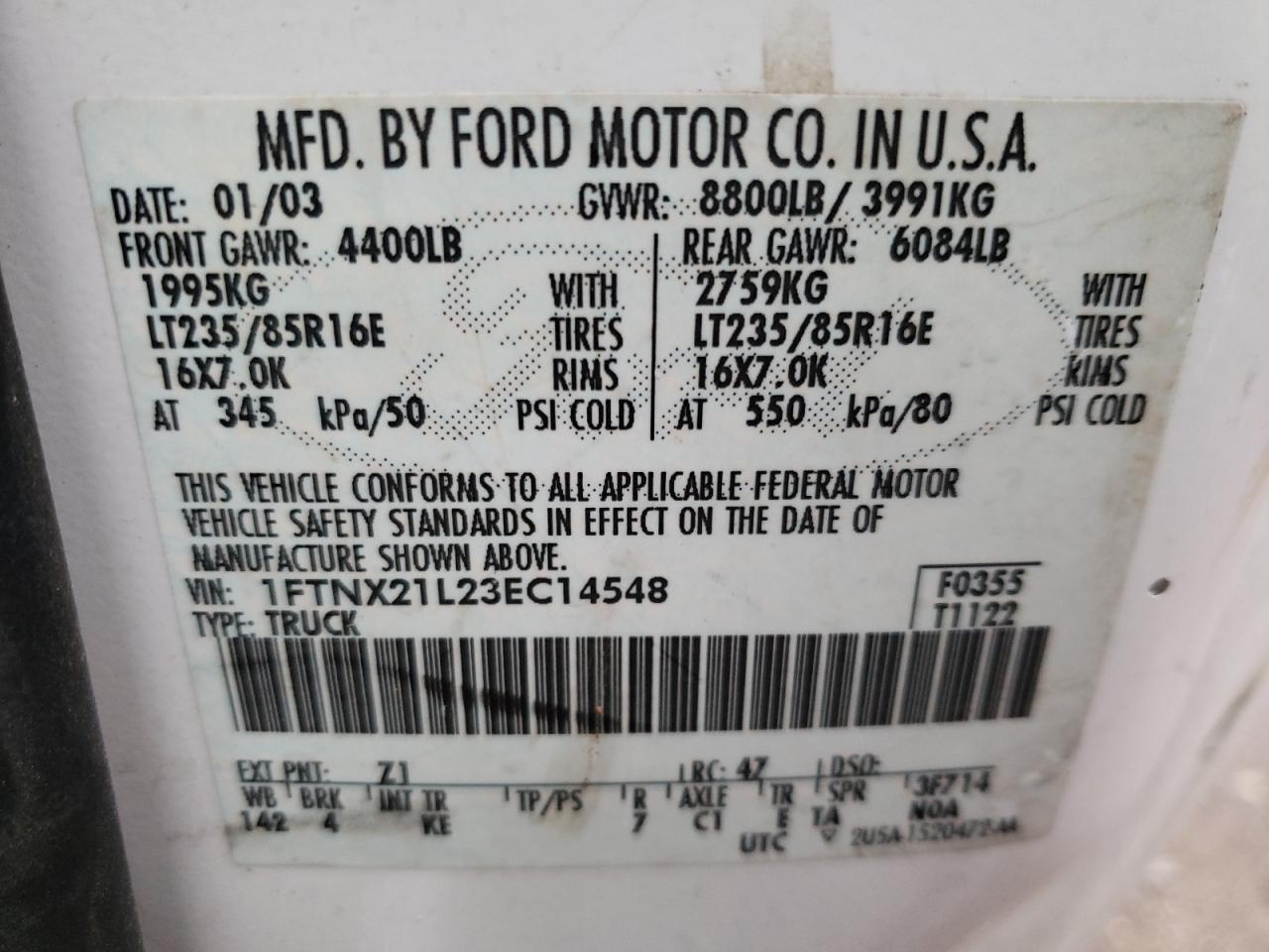 Photo 10 from auction – 2003 FORD F250 SUPER with VIN 1FTNX21L23EC14548