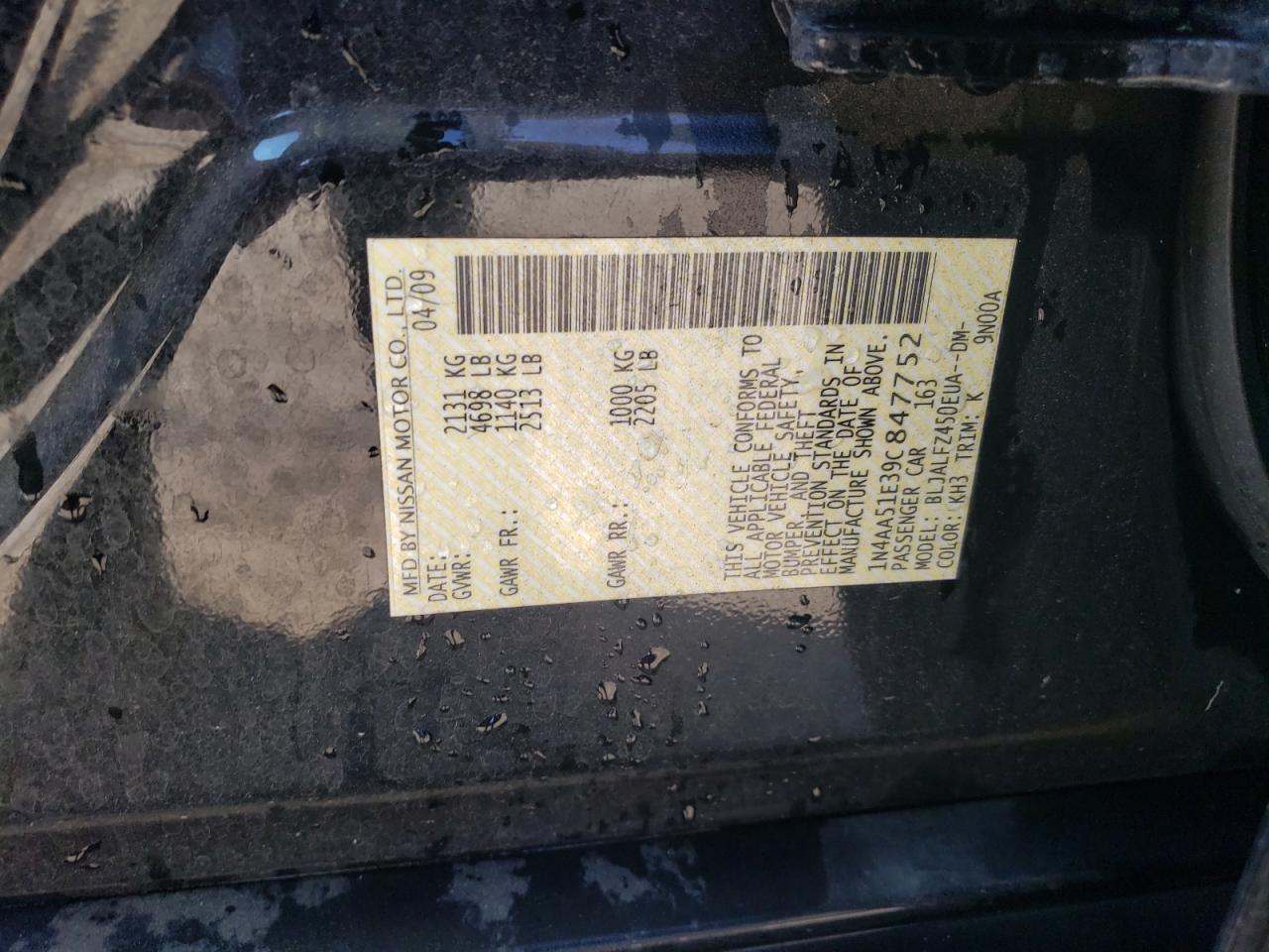 Foto 10 de la subasta – 2009 NISSAN MAXIMA S con VIN 1N4AA51E39C847752
