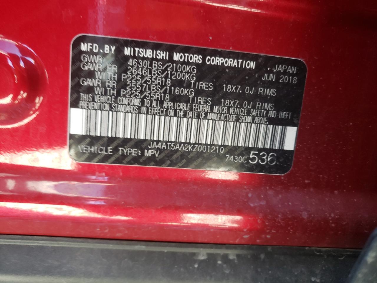 Photo 10 from auction – 2019 MITSUBISHI ECLIPSE CR with VIN JA4AT5AA2KZ001210
