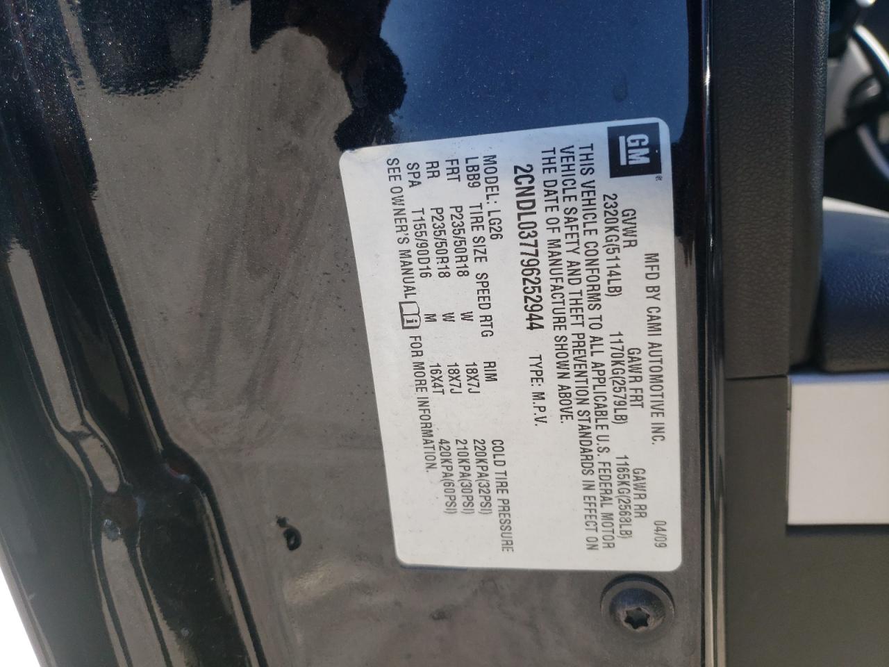 Photo 10 from auction – 2009 CHEVROLET EQUINOX SP with VIN 2CNDL037796252944
