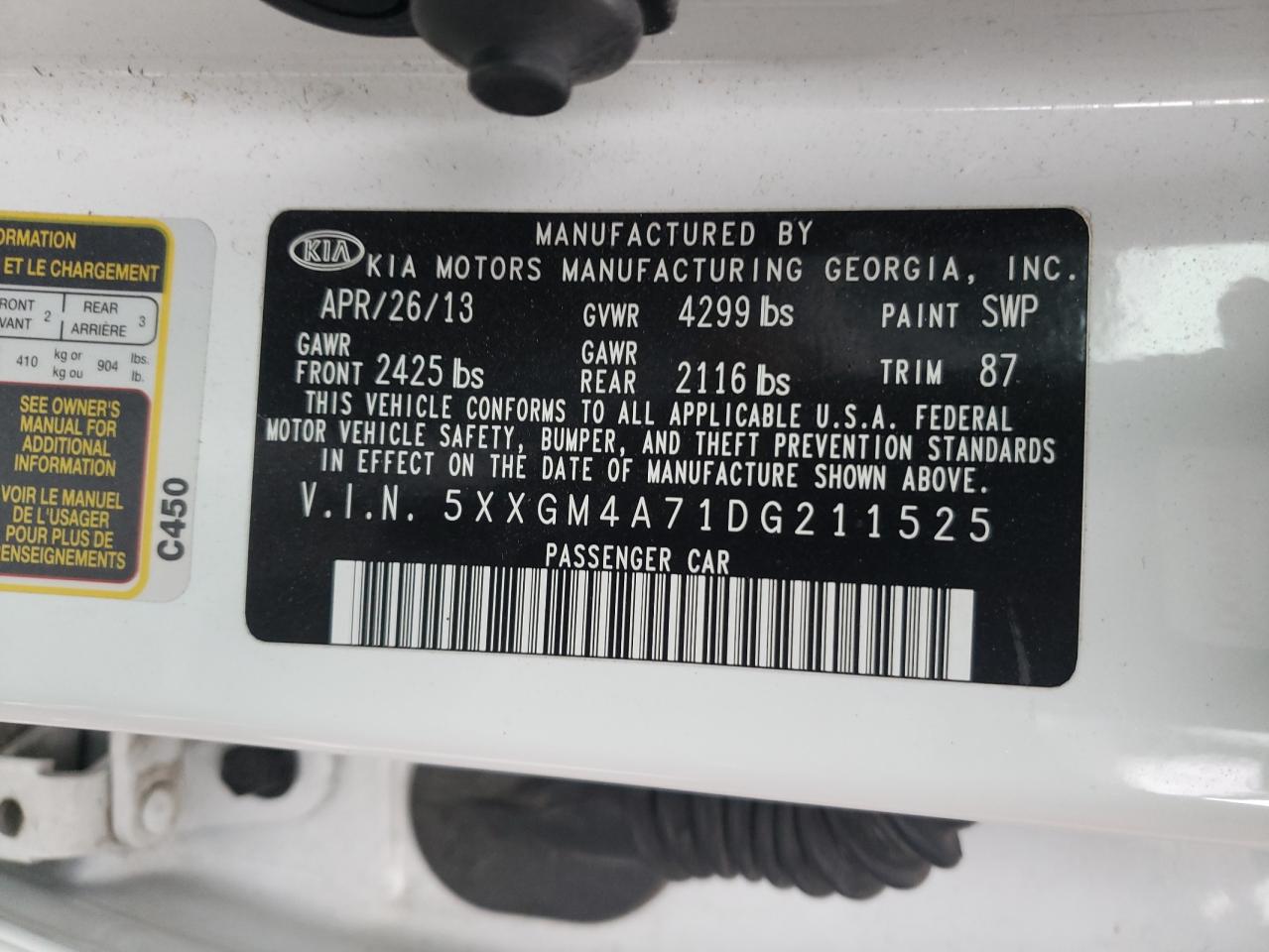Photo 10 from auction – 2013 KIA OPTIMA LX with VIN 5XXGM4A71DG211525
