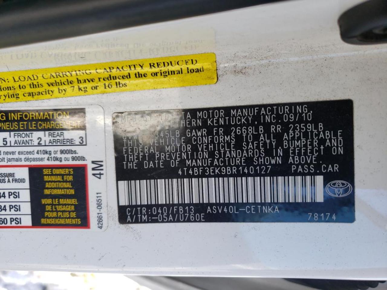 Photo 10 from auction – 2011 TOYOTA CAMRY BASE with VIN 4T4BF3EK9BR140127