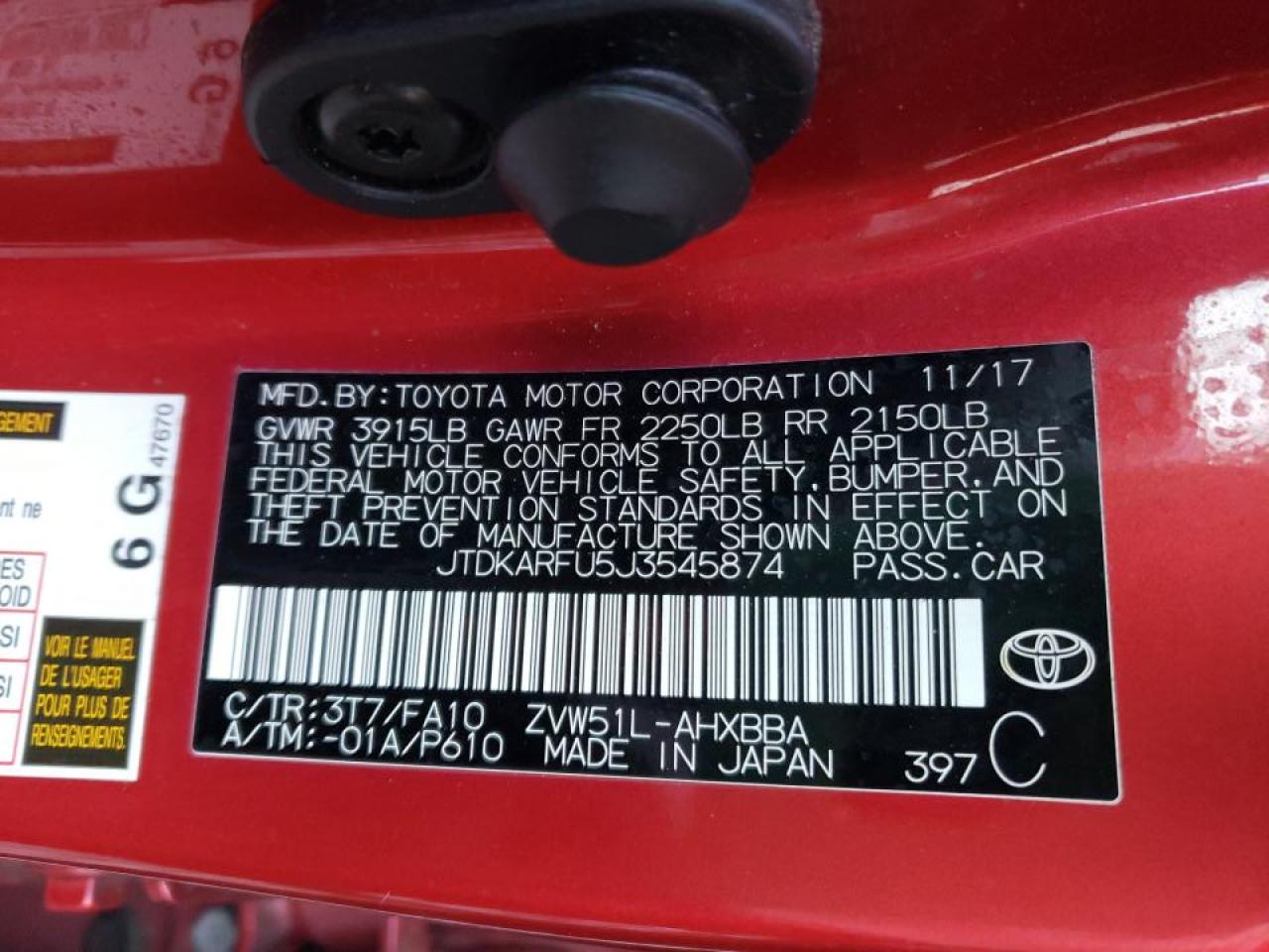 Photo 10 from auction – 2018 TOYOTA PRIUS with VIN JTDKARFU5J3545874