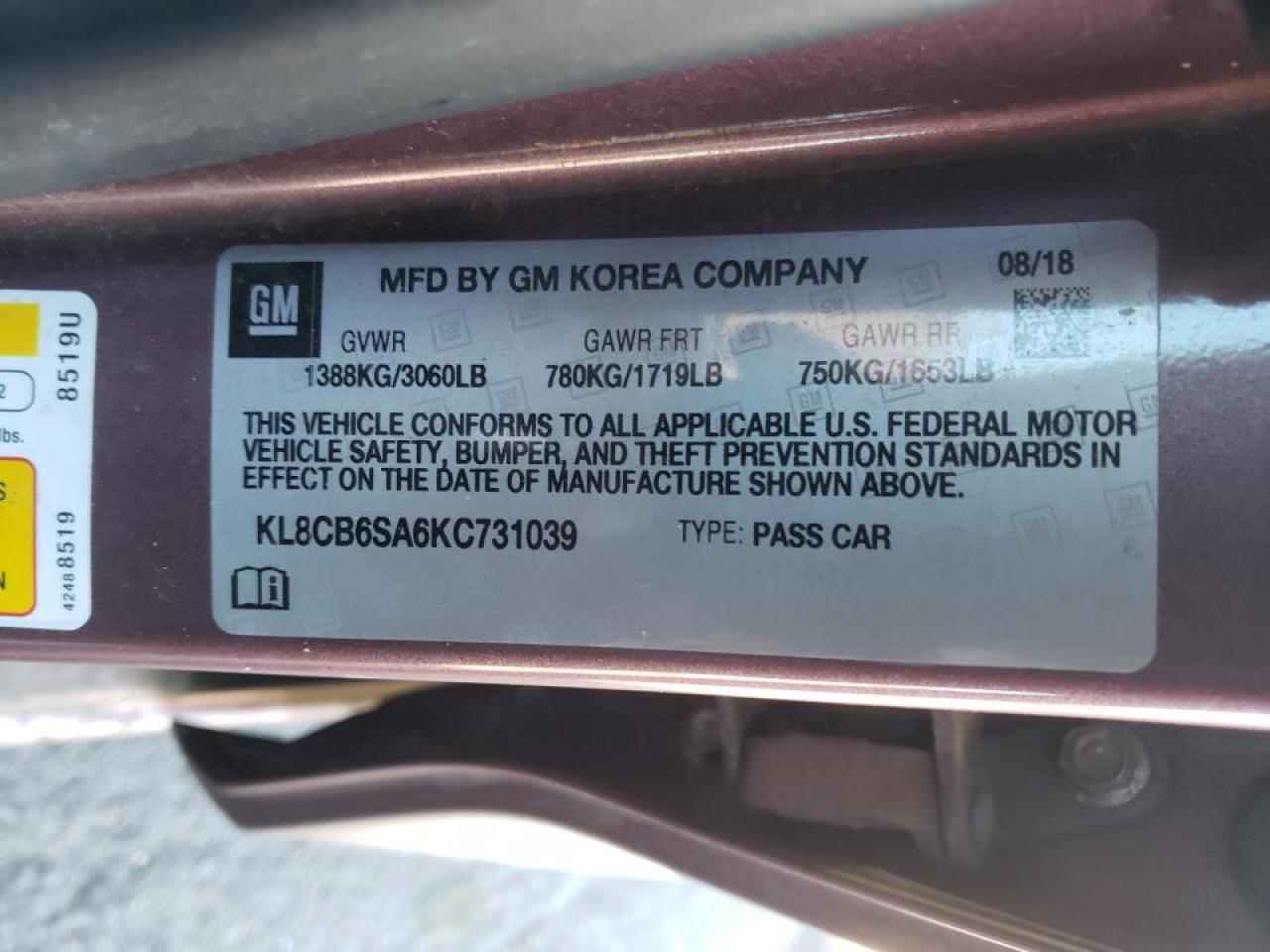 Photo 10 from auction – 2019 CHEVROLET SPARK LS with VIN KL8CB6SA6KC731039