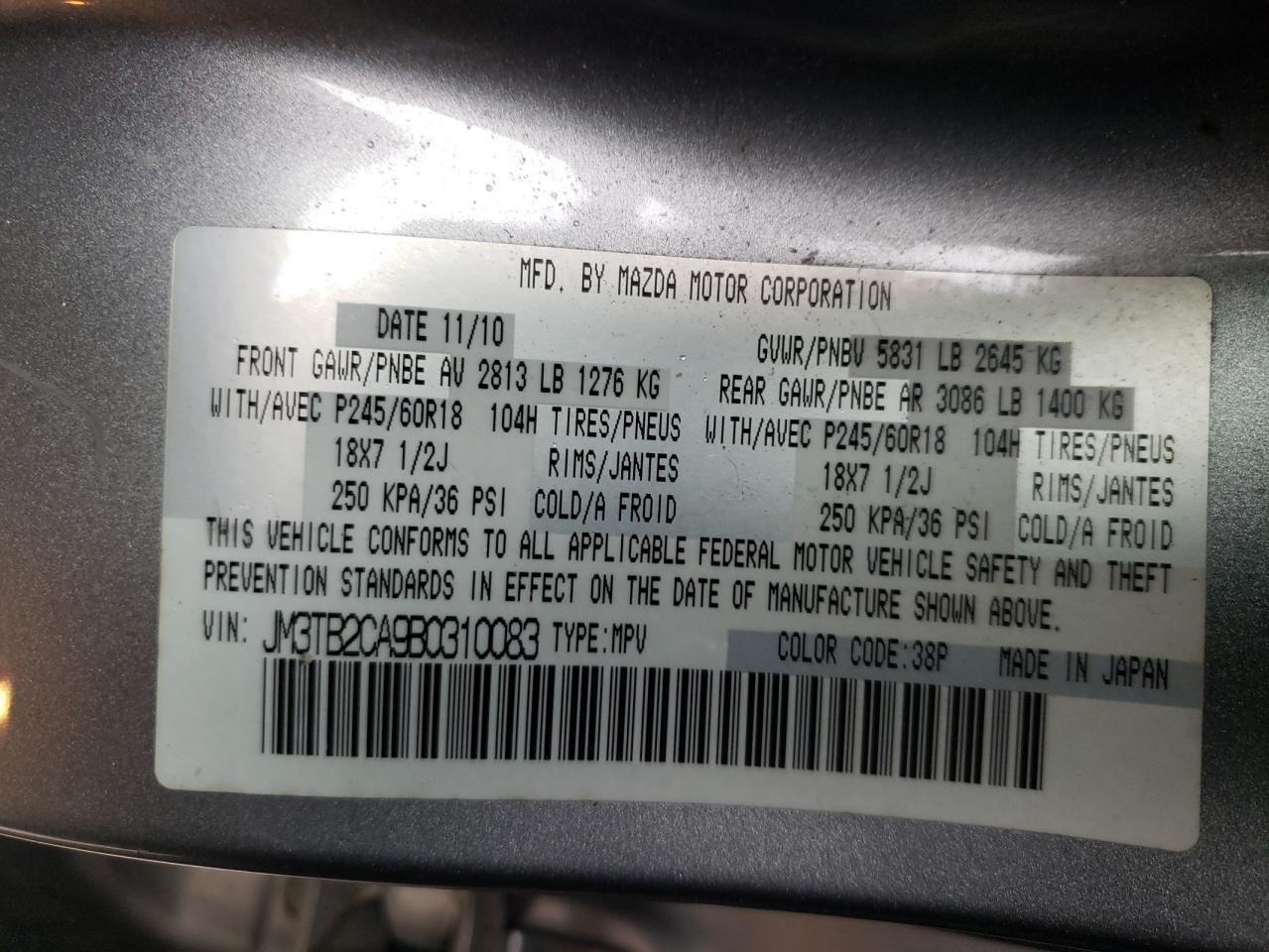 Photo 10 from auction – 2011 MAZDA CX-9 with VIN JM3TB2CA9B0310083
