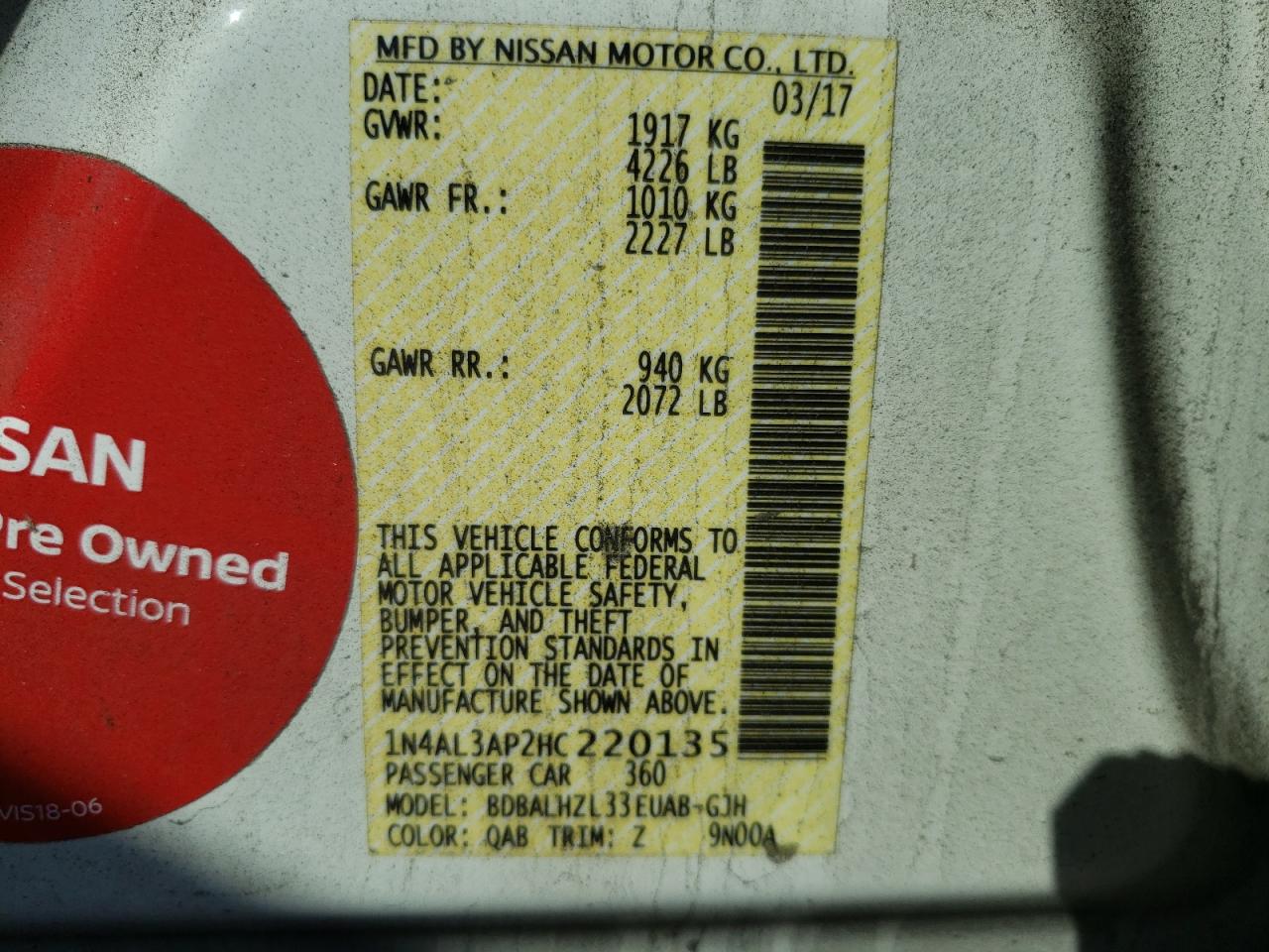 Photo 10 from auction – 2017 NISSAN ALTIMA 2.5 with VIN 1N4AL3AP2HC220135