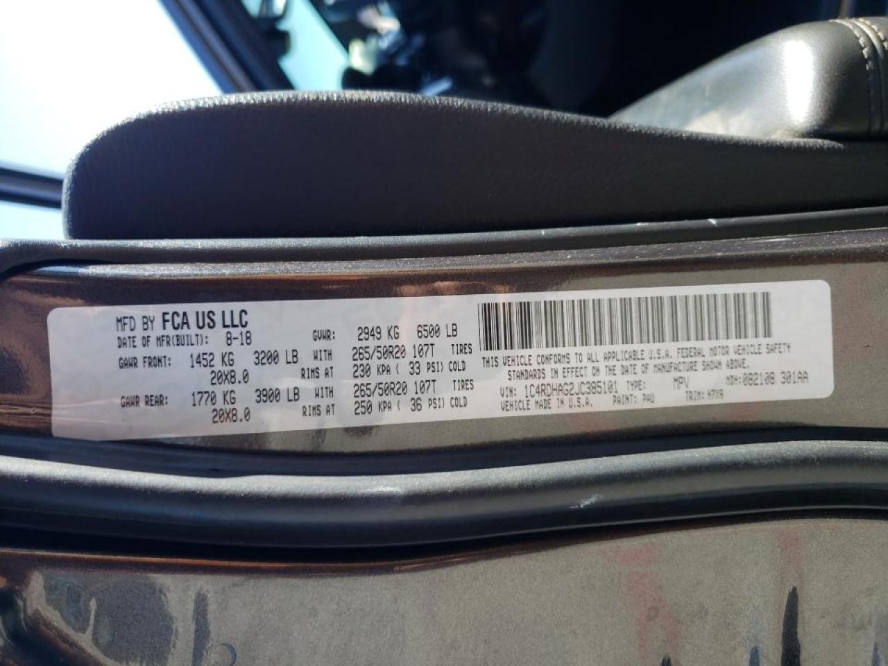 Photo 10 from auction – 2018 DODGE DURANGO SX with VIN 1C4RDHAG2JC385101