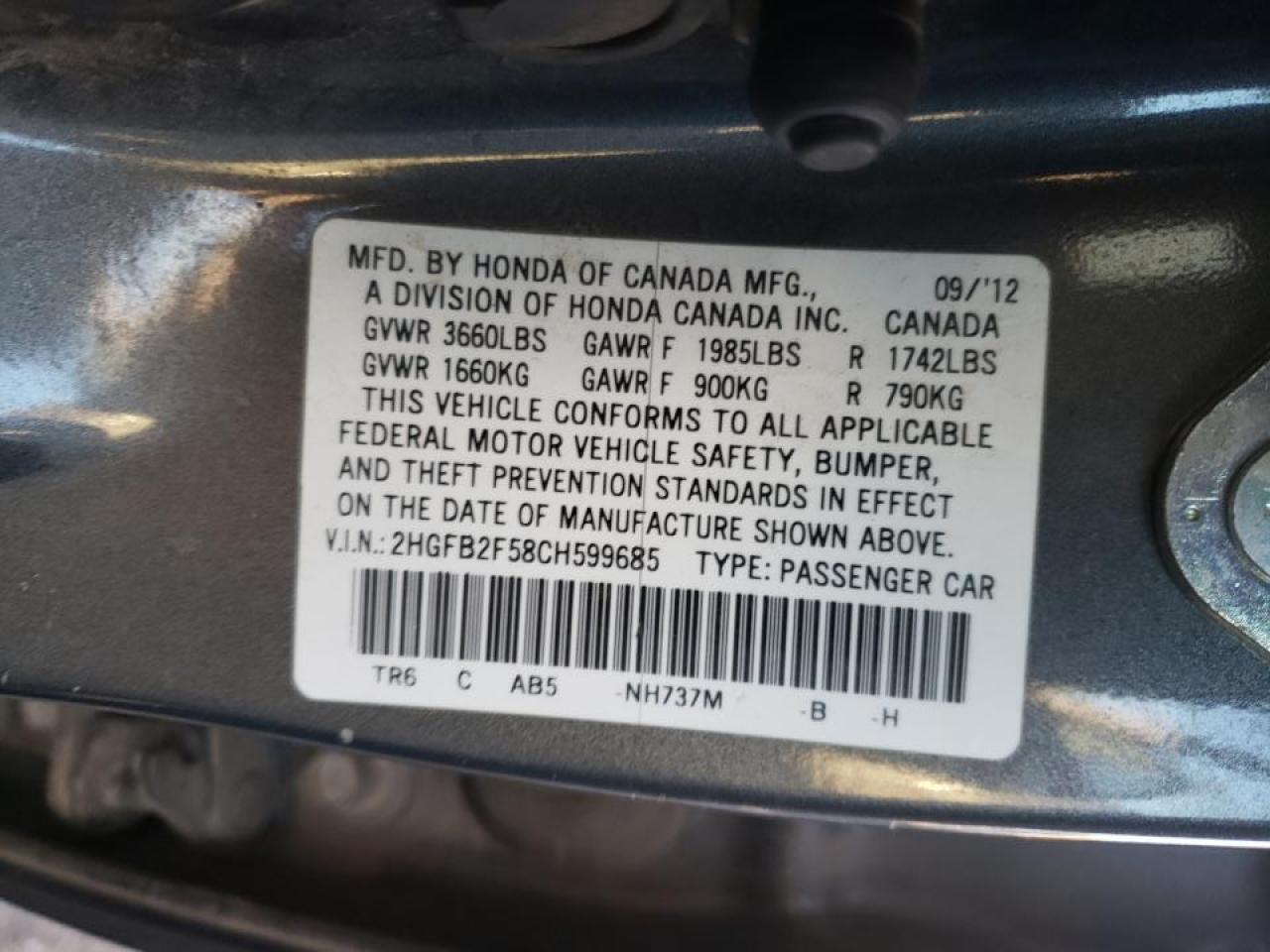 Photo 10 from auction – 2012 HONDA CIVIC LX with VIN 2HGFB2F58CH599685